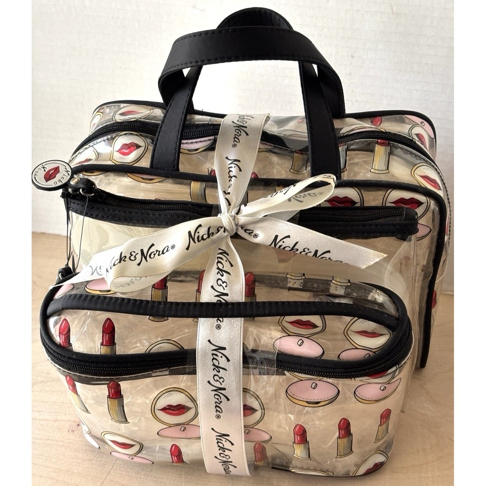 Nick & Nora Travel Bag + 2 Makeup Pouch New Retro Lipstick Compact Clear Vinyl